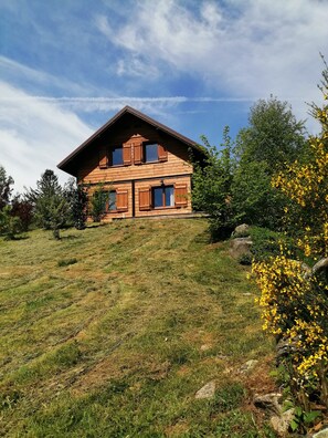Une cabane en bois, dotée d’un toit en pente, située sur une colline herbeuse, entourée d’arbres et de fleurs jaunes.