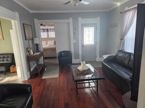 Smart TV, fireplace, books