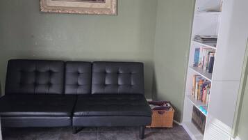 A living room with a black sofa, a bookshelf, and a framed painting on the wall.