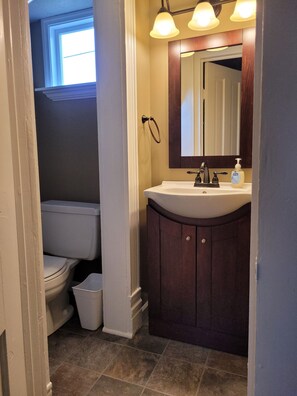 Combined shower/bathtub, hair dryer, towels, toilet paper