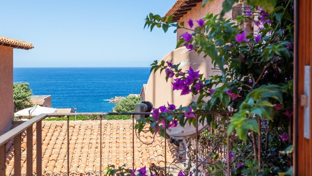 Une terrasse avec vue sur la mer, une antenne parabolique et un bâtiment avec un toit en tuiles.