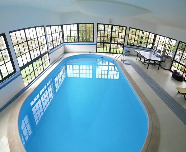 Piscina interior con vistas a zonas verdes a través de amplios ventanales.