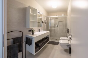 Shower, hair dryer, towels