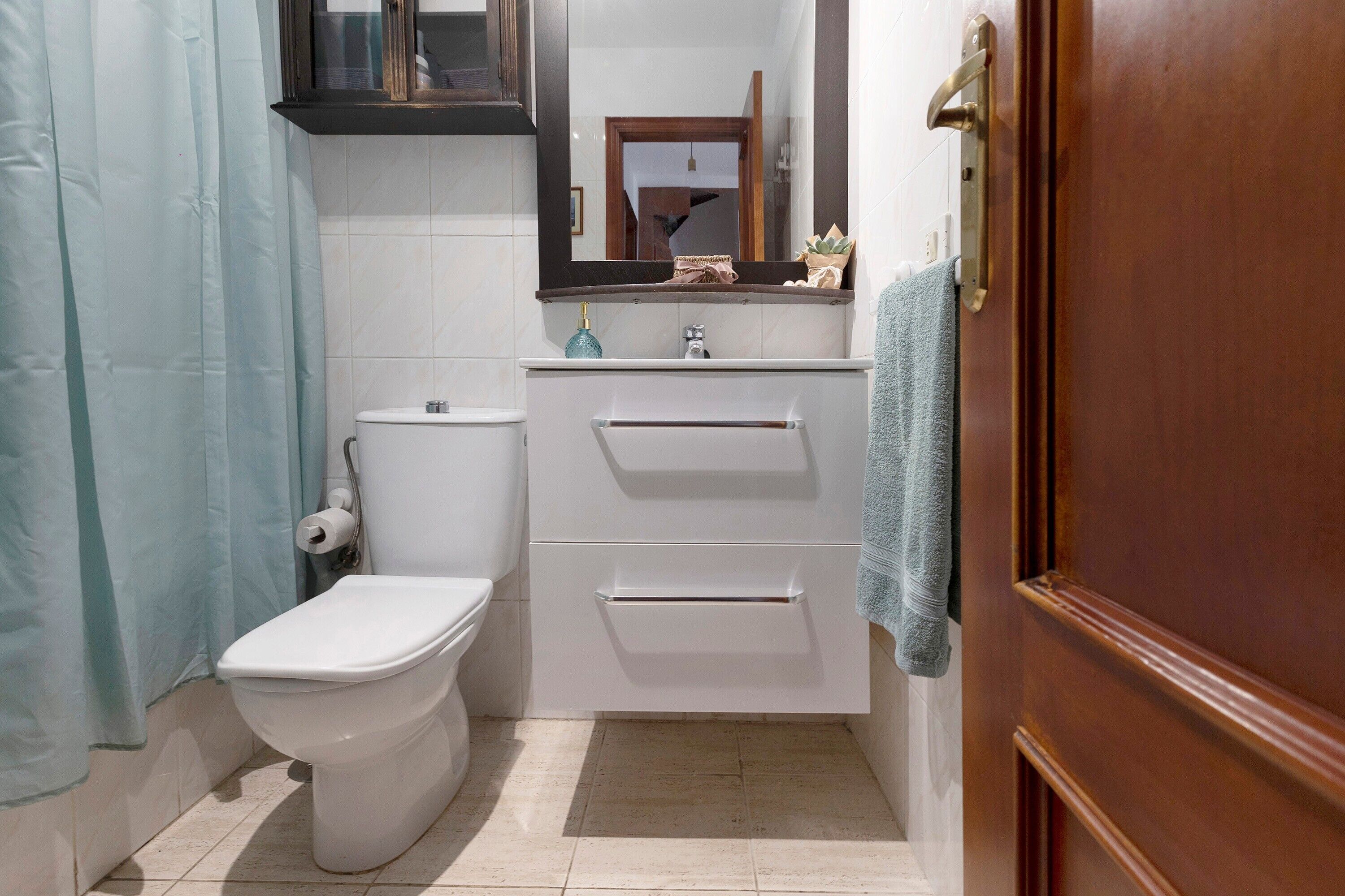 Un bany amb vàter, un lavabo, un mirall i un teló de bany.