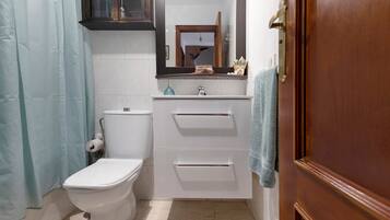 Un bany amb vàter, un lavabo, un mirall i un teló de bany.