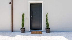 Une porte moderne avec un panneau noir, flanquée de deux arbustes à feuilles persistantes en pot, et un paillasson marron à l’entrée.