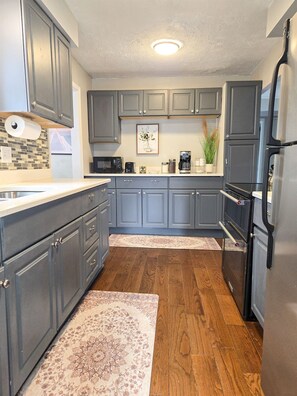 Fridge, microwave, oven, stovetop - NICE New Kitchen, King Bed, Fenced Yard, 2 baths, Close to Airport & Downtown (Cleveland)