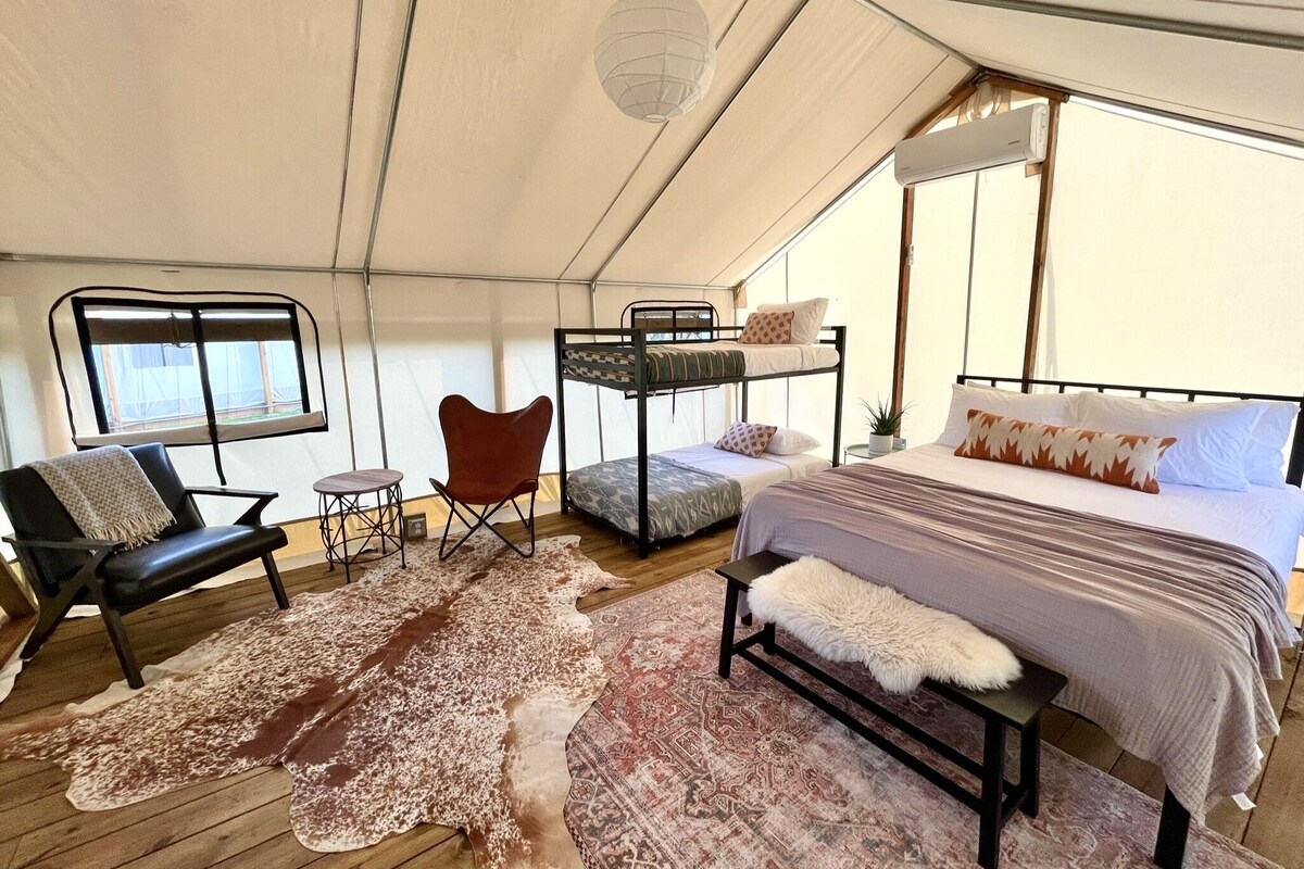 Alojamiento con carpa que incluye una litera, una cama individual, una silla, una mesita y una alfombra.
