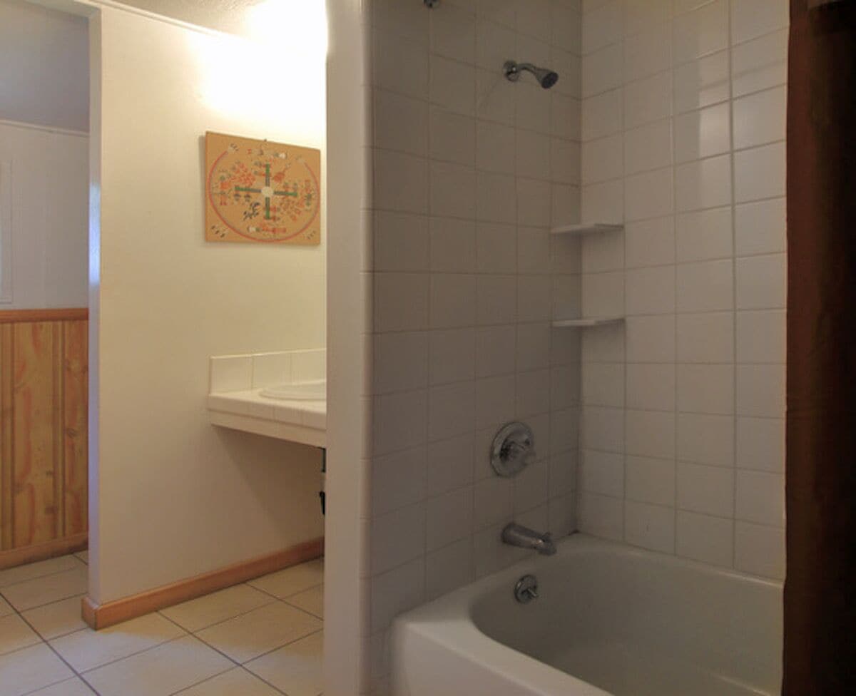Een badkamer met een bad, wastafel en douche.