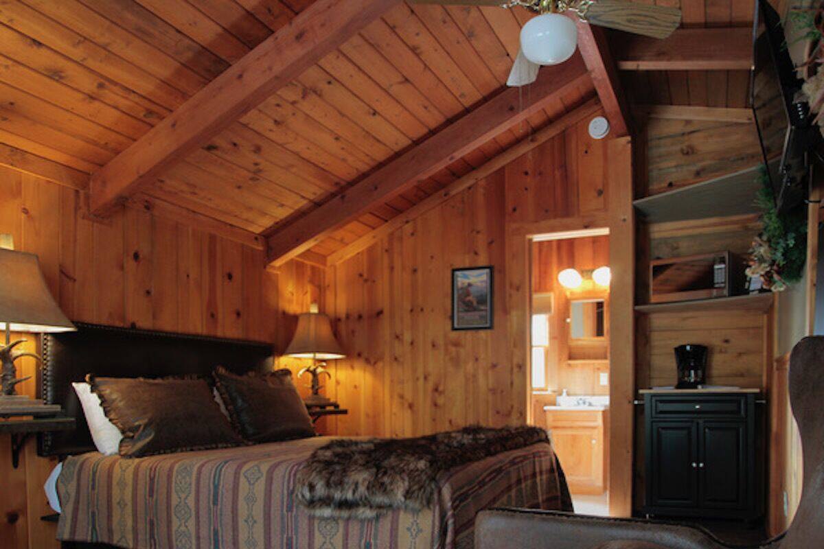 A cozy log cabin bedroom with a bed, a chair, a nightstand, a lamp, and a ceiling fan.