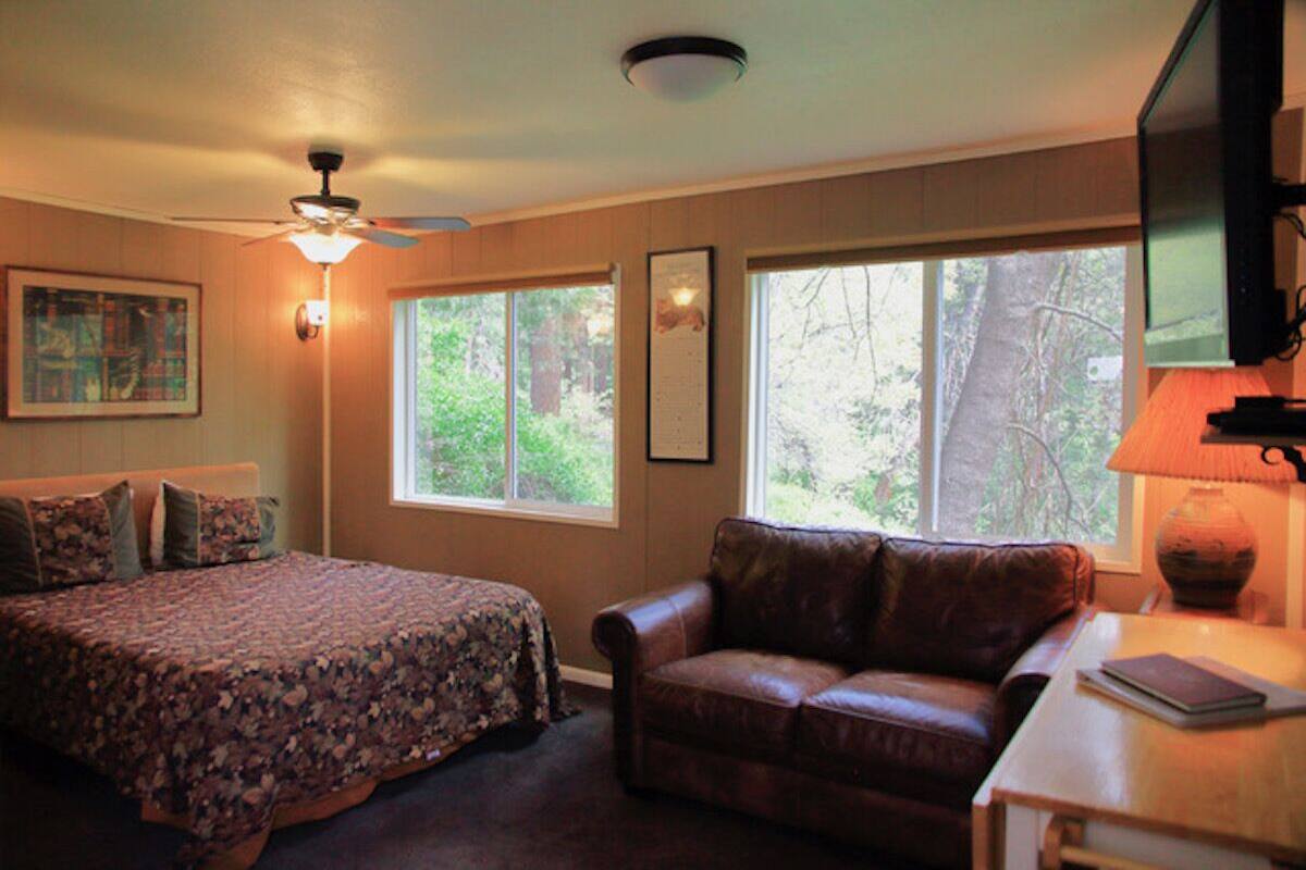 A bedroom with a bed, a leather sofa, a desk with a lamp, and large windows with a view of trees.
