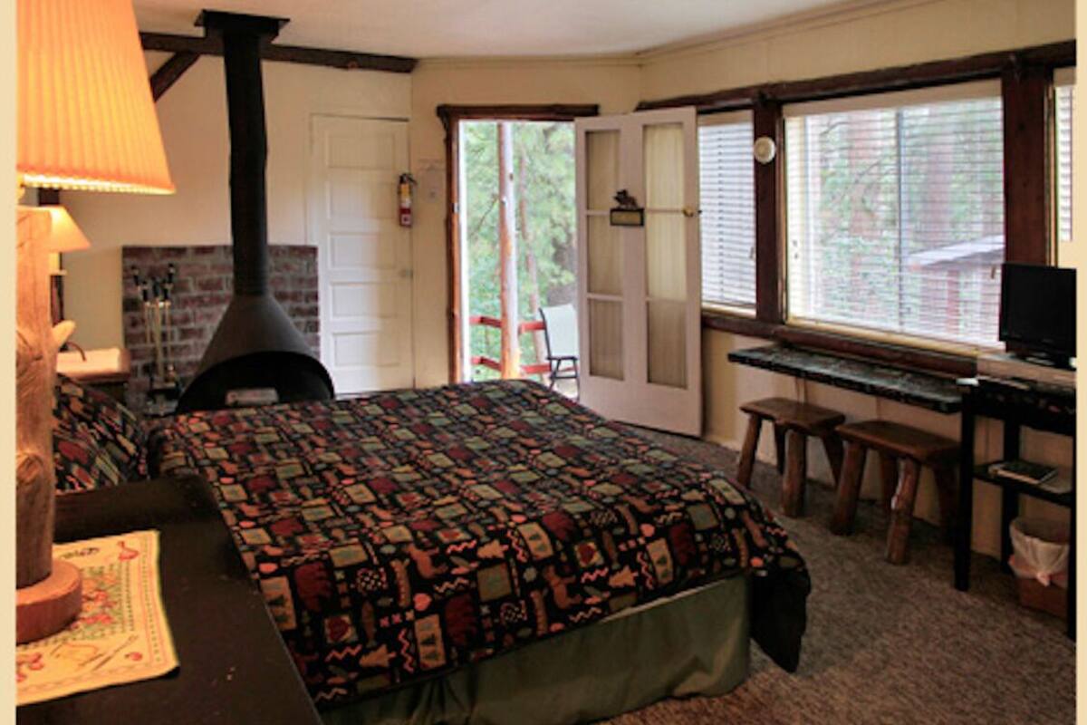 A bedroom with a bed, a desk, a chair, a television, and a fireplace.