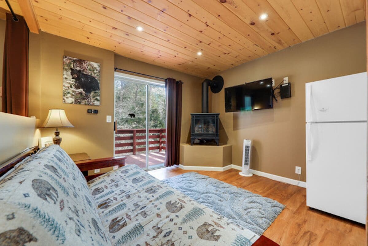 A cozy room with a bed, a television, a fireplace, and a sliding glass door leading to a deck.
