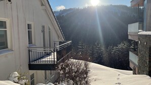 A snow-covered landscape with a building featuring a balcony and a mountain view in the background. - Apartment Ritzhagen **** (Willingen (Upland))
