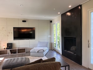 Smart TV, fireplace, DVD player, books