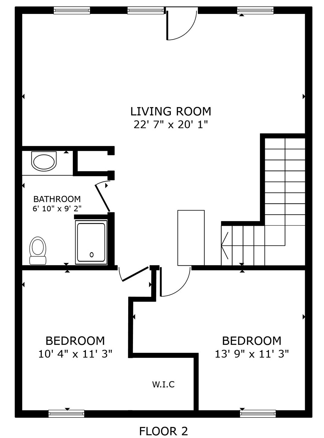 A 2D floor plan of a 2-bedroom apartment with a living room, bathroom, and W.C. The living room measures 22' 7" x 20' 1". The first bedroom is 10' 4" x 11' 3", and the second is 13' 9" x 11' 3".