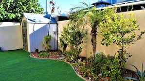 A well-maintained garden with artificial grass, a shed, and various plants. - Dive into the relaxed elegance of our 4-bedroom haven in Zona Dorada, Mexicali's prestigious district, combining comfort, security, and luxury. Ideally nested near bustling plazas, trendy restaurants, and lively casinos, our property is perfect (Mexicali)
