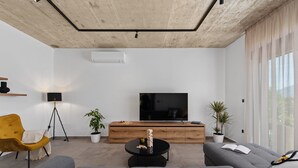 Un salon moderne avec un grand téléviseur à écran plat, des canapés gris, un fauteuil jaune, une table basse en bois et des plantes en pot.