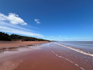 A beach with a clear sky and calm waters.