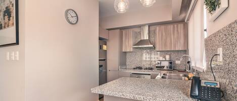 Fridge, microwave, oven, dishwasher