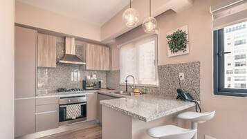 Fridge, microwave, oven, dishwasher