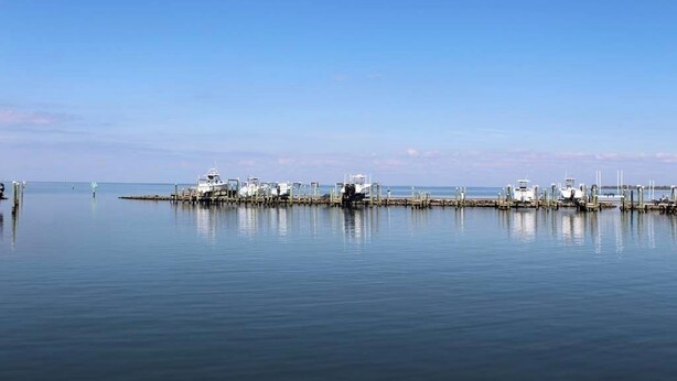 A calm waterfront with a dock extending into the water, featuring several boats and a small building.
