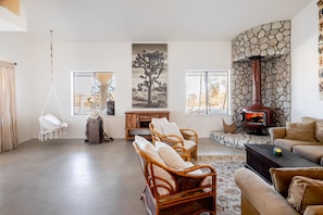 Smart TV, fireplace, DVD player, books