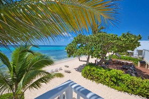 A beachside view with a palm tree, lounge chairs, and a clear blue sky.