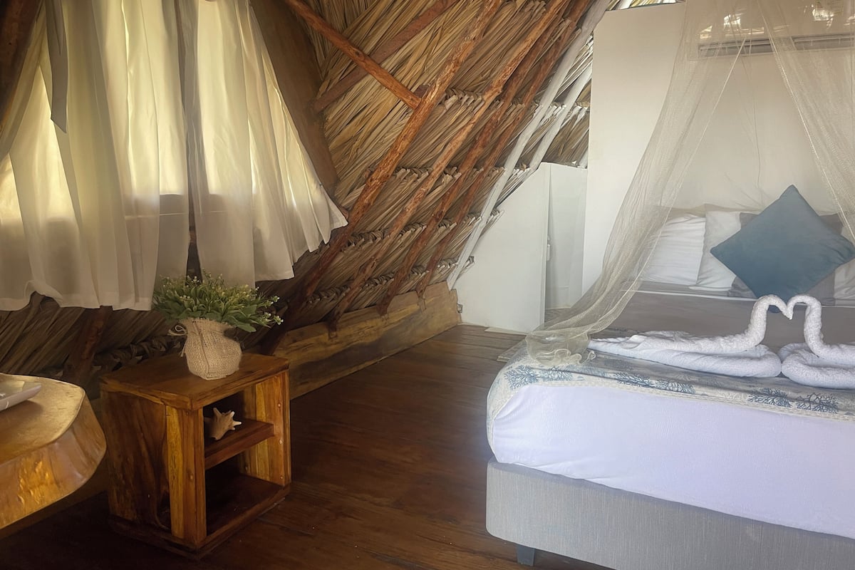 A bedroom with a wooden floor, a bed with white bedding and a blue pillow, a wooden nightstand with a plant, and a mosquito net over the bed.
