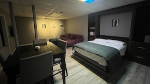 Ein Zimmer mit einem Bett, einem Schreibtisch, einem Stuhl, einem Sofa und einem Kleiderschrank.