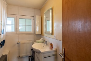 Combined shower/bathtub, hair dryer, towels, soap