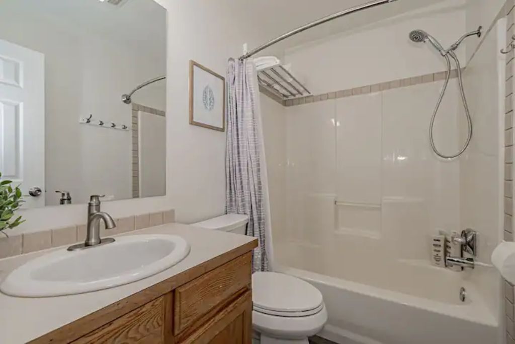 Combined shower/bathtub, hair dryer, towels, soap
