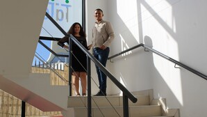 A modern interior with a staircase, metal handrails, and a large window with a view of a building outside. - TaTe Village - Hostel (Windhoek)