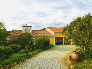 Ein gelbes Haus mit Ziegeldach, umgeben von Grünpflanzen und einem Kopfsteinpflasterweg.
