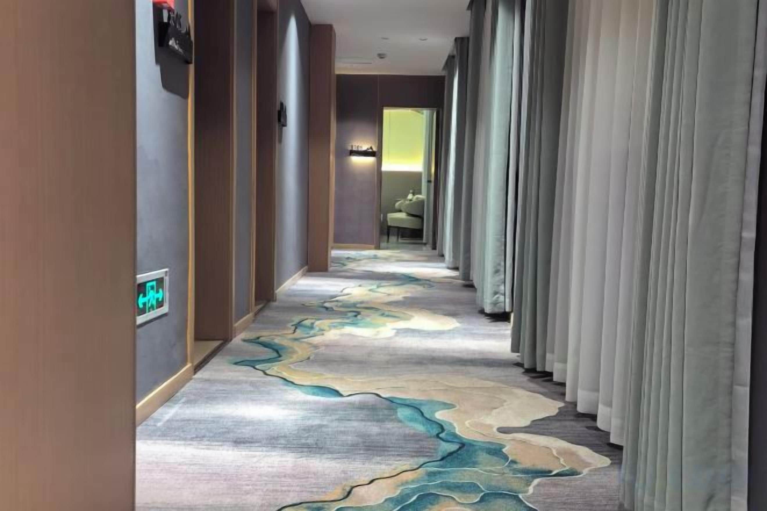 Corredor de hotel com carpete que apresenta um desenho de rio, um interruptor de luz e uma porta no final.