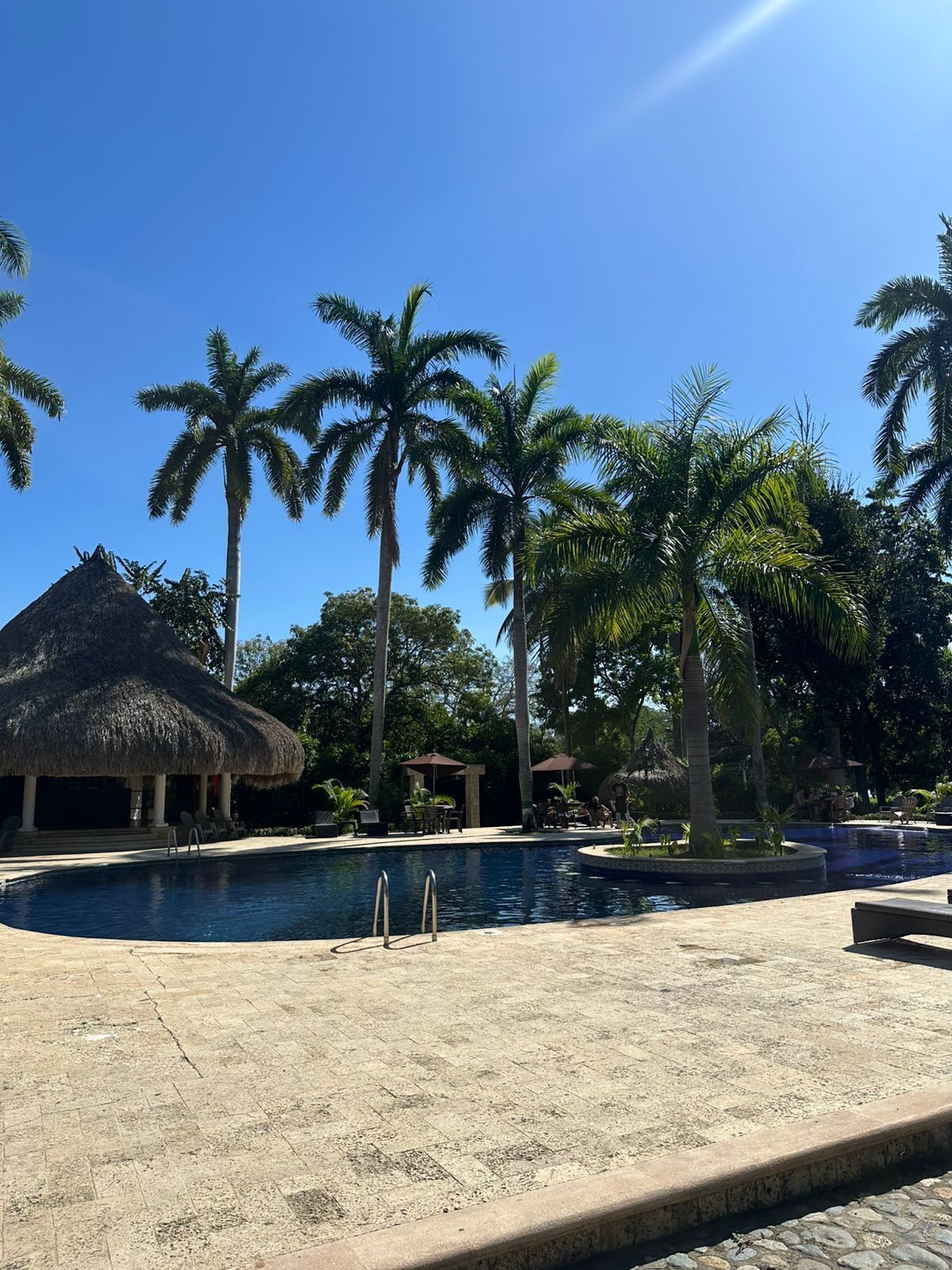 A swimming pool with a thatched-roof structure, palm trees, and lounge chairs.