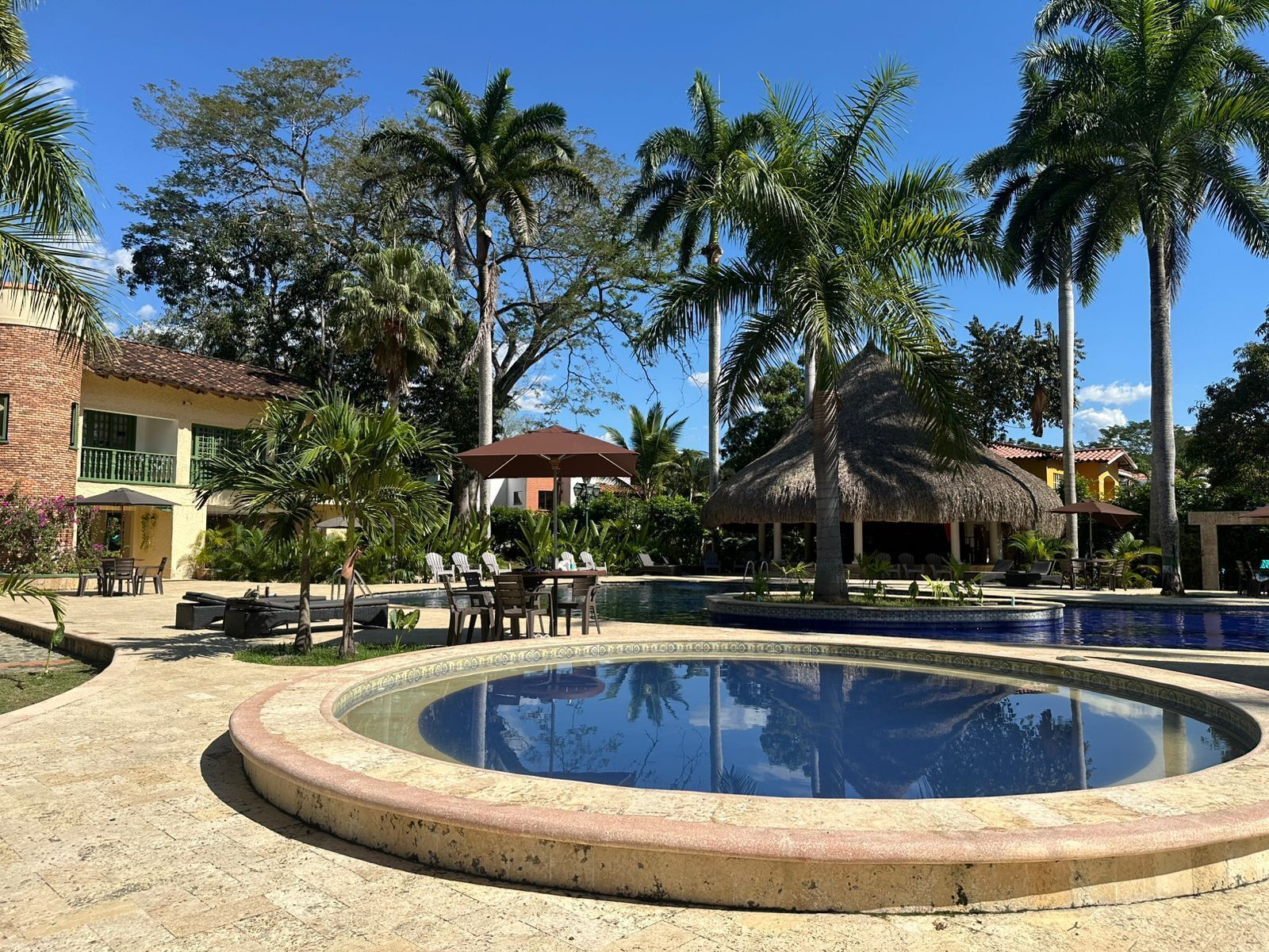 A resort pool area with a circular pool, lounge chairs, and palm trees.