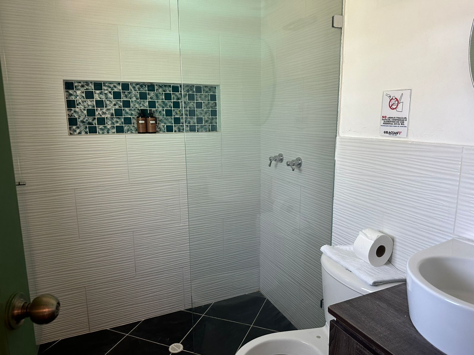 A bathroom with a shower, toilet, and sink. There are toiletries on the wall and a sign prohibiting towels.