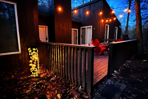 Back deck with lights and chiminea