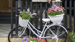 A white bicycle with a basket and a small house-shaped decoration on a black metal fence. - Chivo House - The House Of Peace (Thành phố Đà Lạt)