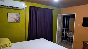 Une chambre à coucher avec un lit, une chaise et un appareil de climatisation.