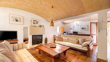 Una televisión, una chimenea