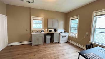 Fridge, microwave, coffee/tea maker, cookware/dishes/utensils