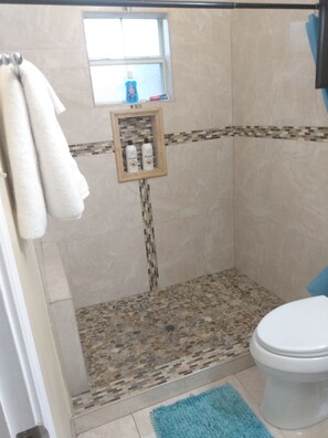 Dusche, Haartrockner, Handtücher, Seife