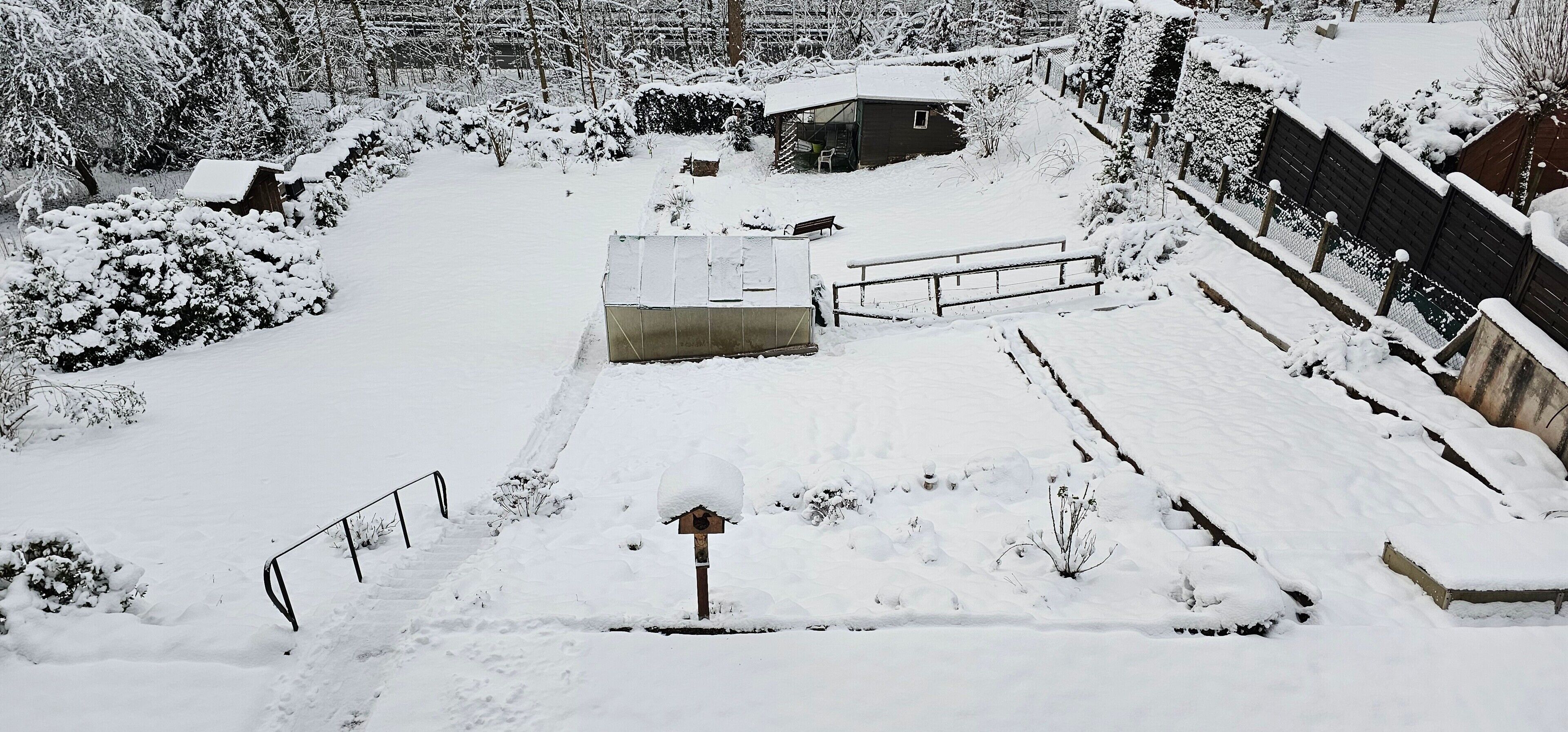 Zona esterna coperta di neve con una panchina di legno, un cancello in metallo e un piccolo deposito.