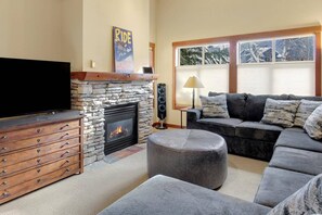 Smart TV, fireplace, DVD player, books
