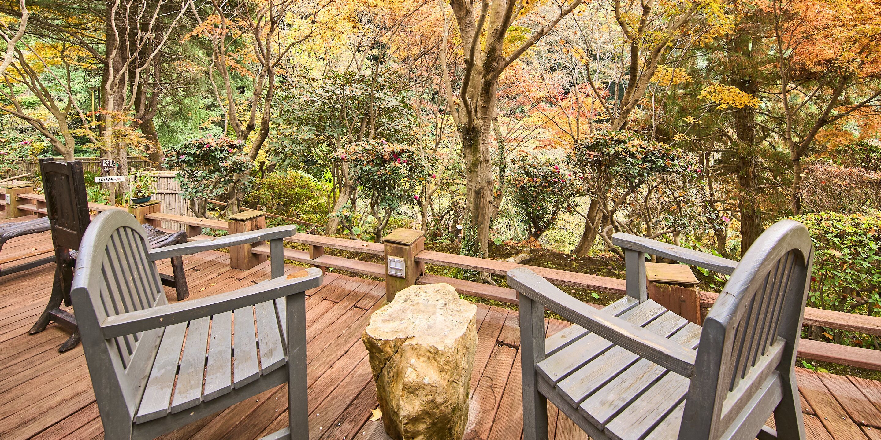 A wooden deck with benches and a stone stump, surrounded by trees with autumn foliage.