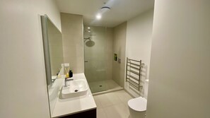 Shower, hair dryer, towels, toilet paper