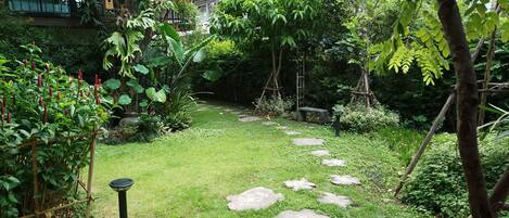 A garden with a stone pathway, lush greenery, and a birdhouse.