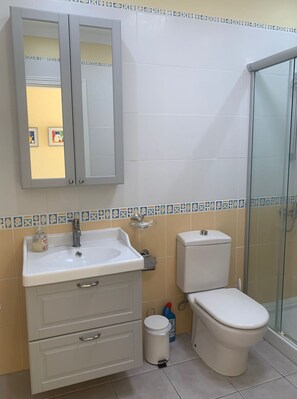 Une salle de bain avec un lavabo blanc, des toilettes, un meuble avec un miroir et un espace douche.
